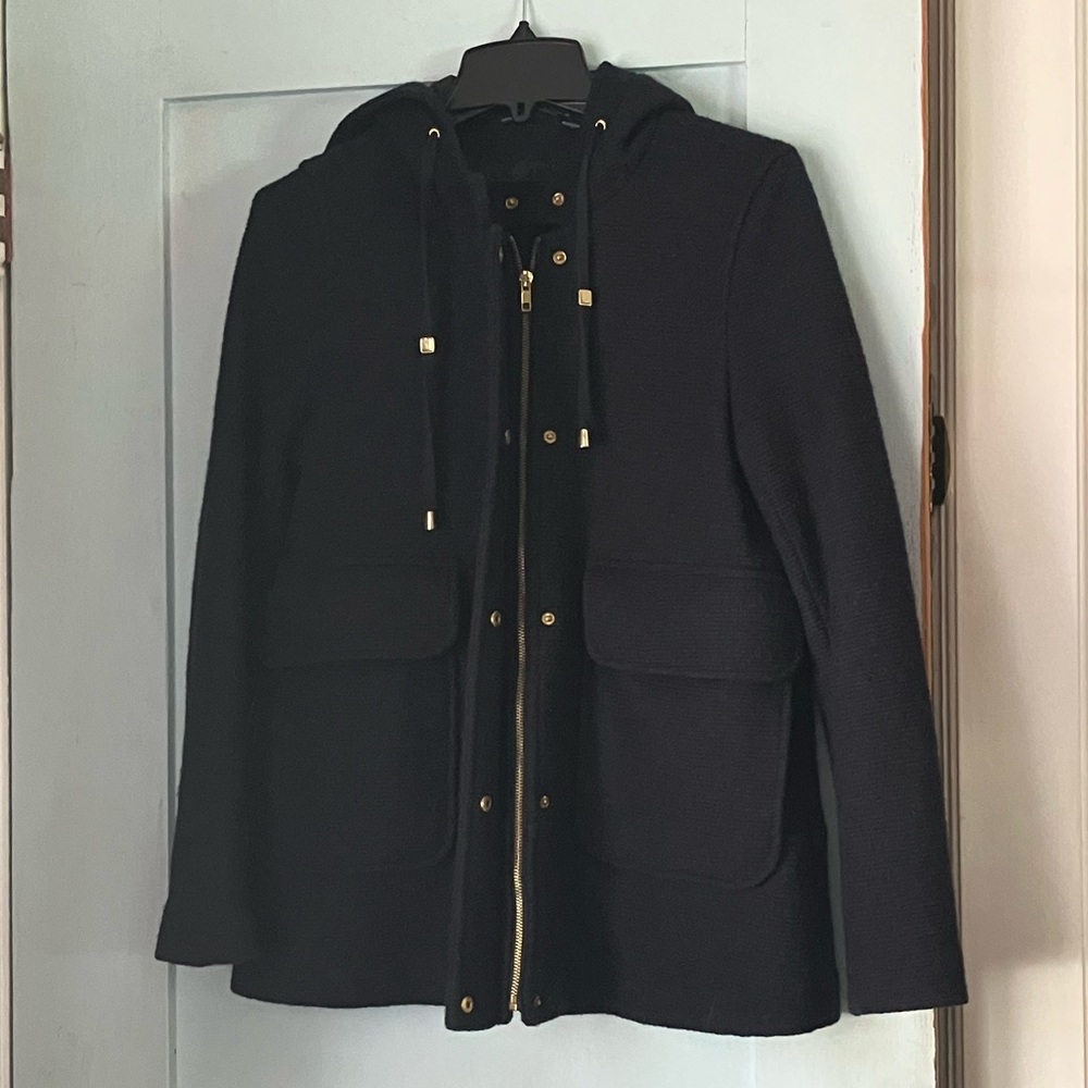 Zara Basic Navy Textured Hooded Coat with Gold-Tone Accents - Picture 2 of 7